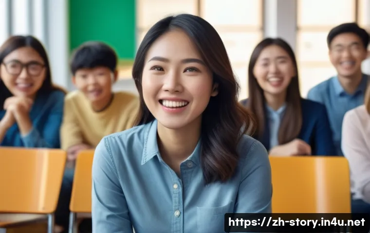 스토리텔러 실기 시험의 핵심 주제 - A dynamic storytelling scene set in a bright classroom with a young Asian woman confidently speaking...