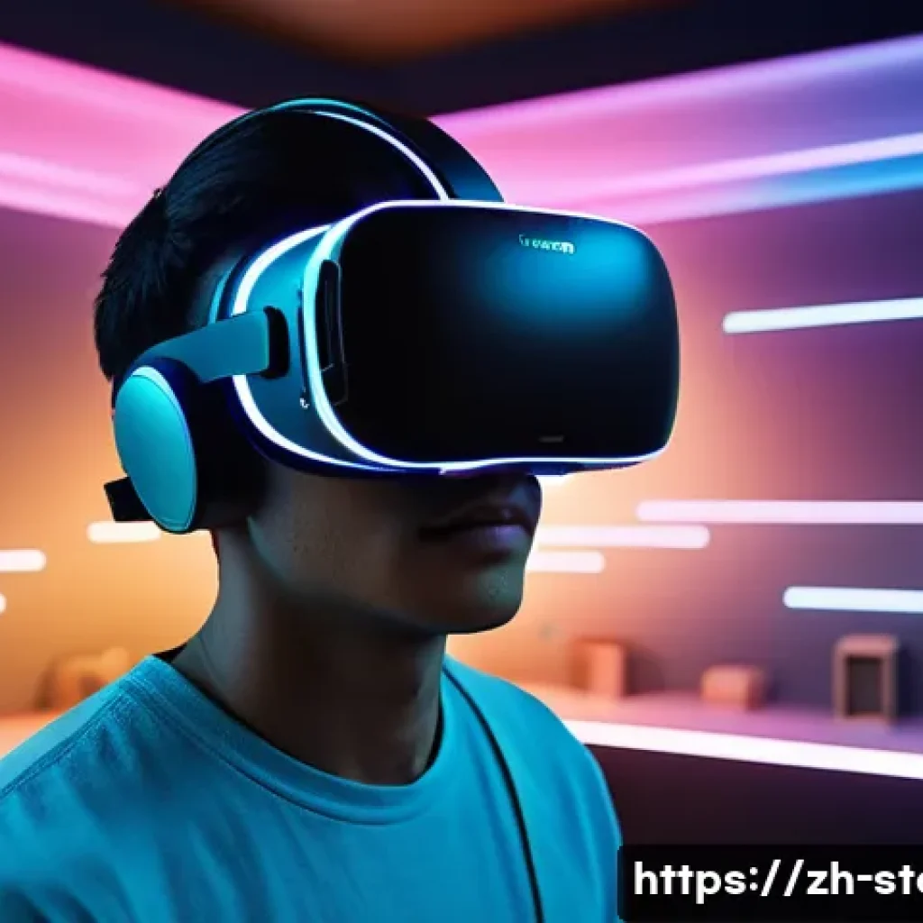 스토리텔러와 관련된 주요 산업 트렌드와 전망 - A futuristic immersive storytelling scene showcasing a young adult wearing sleek VR goggles and ligh...