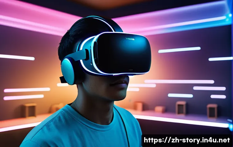 스토리텔러와 관련된 주요 산업 트렌드와 전망 - A futuristic immersive storytelling scene showcasing a young adult wearing sleek VR goggles and ligh...