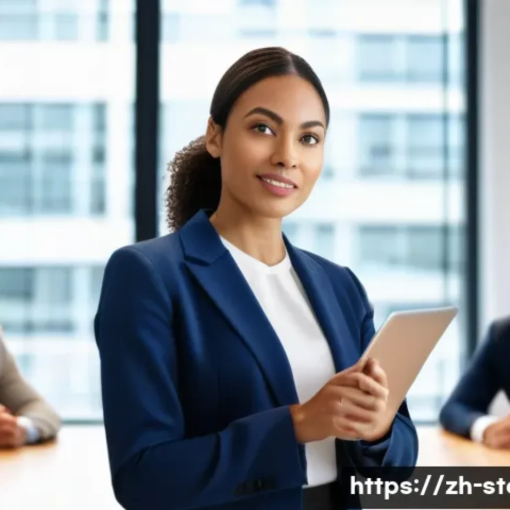 스토리텔러 자격증 취득 후 경력 변화 - A confident young professional woman delivering a dynamic presentation in a modern office meeting ro...