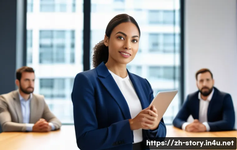 스토리텔러 자격증 취득 후 경력 변화 - A confident young professional woman delivering a dynamic presentation in a modern office meeting ro...