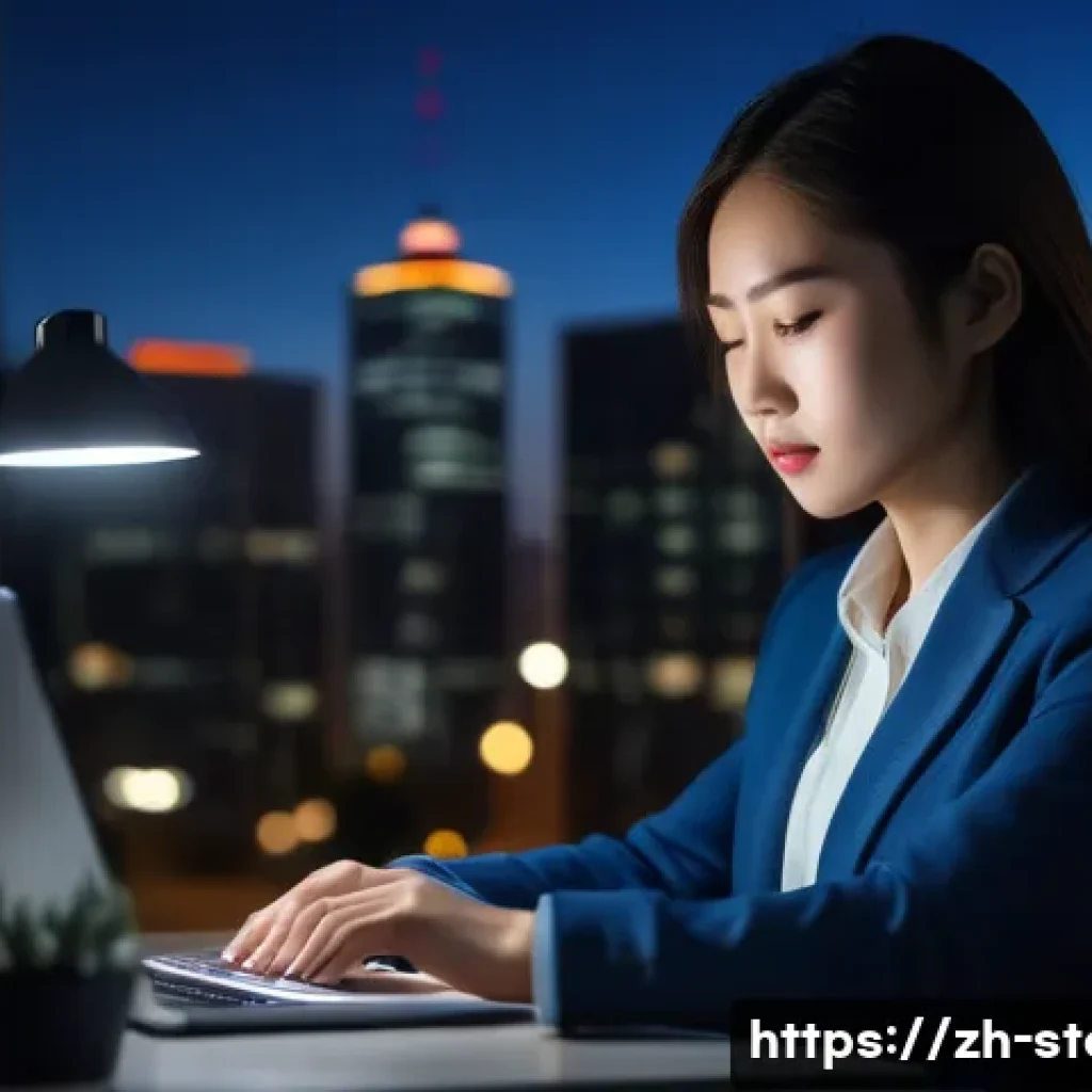 스토리텔러로서의 개인 브랜드 전략 - A professional young Chinese woman sitting in a modern office late at night, wearing business casual...