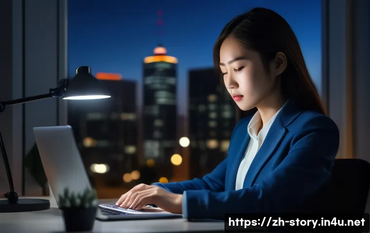 스토리텔러로서의 개인 브랜드 전략 - A professional young Chinese woman sitting in a modern office late at night, wearing business casual...