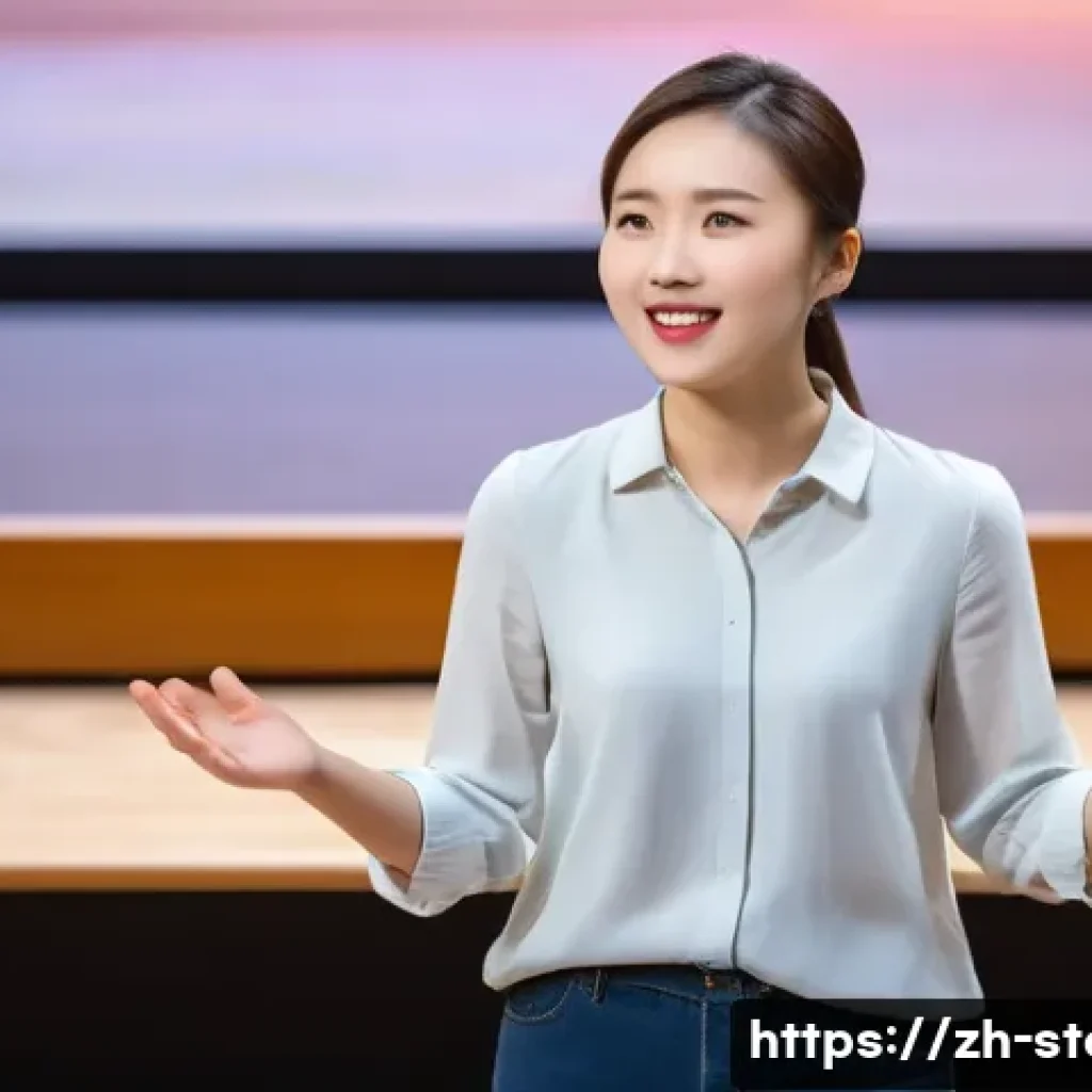 스토리텔러 실기 시험의 주요 평가 기준 - A confident young Chinese woman standing on a stage giving a storytelling presentation, wearing smar...