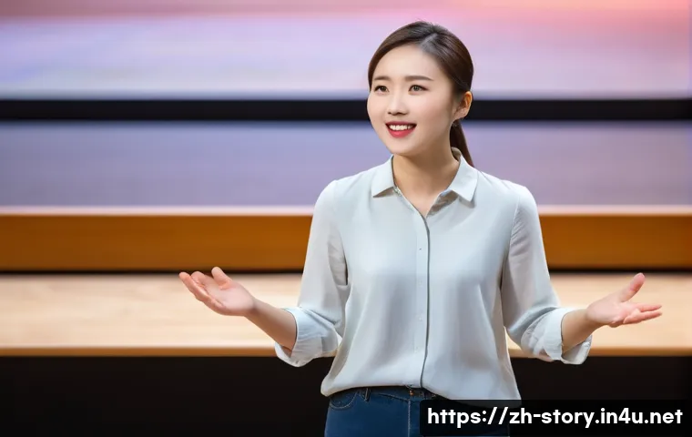 스토리텔러 실기 시험의 주요 평가 기준 - A confident young Chinese woman standing on a stage giving a storytelling presentation, wearing smar...