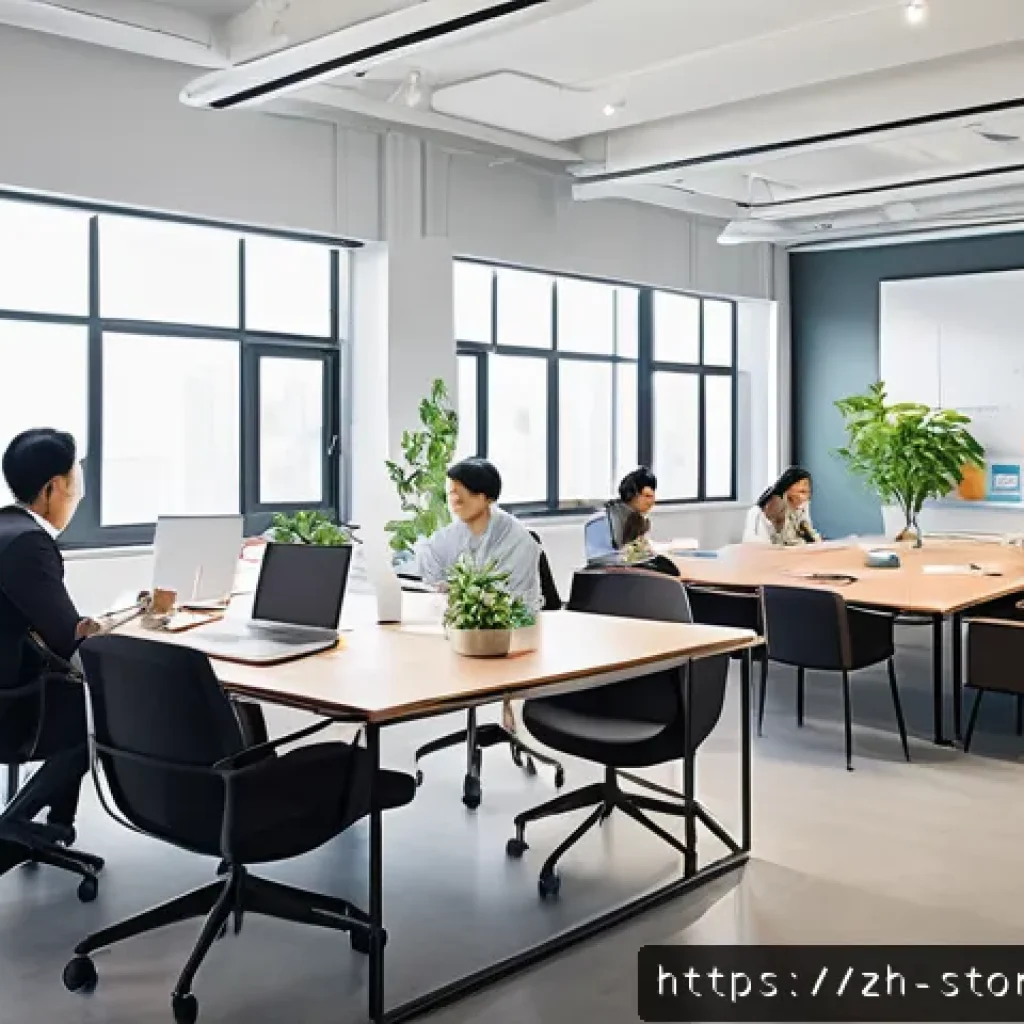 스토리텔러 직무 만족도 조사 - A modern open-plan office space filled with natural light, featuring diverse colleagues engaged in c...