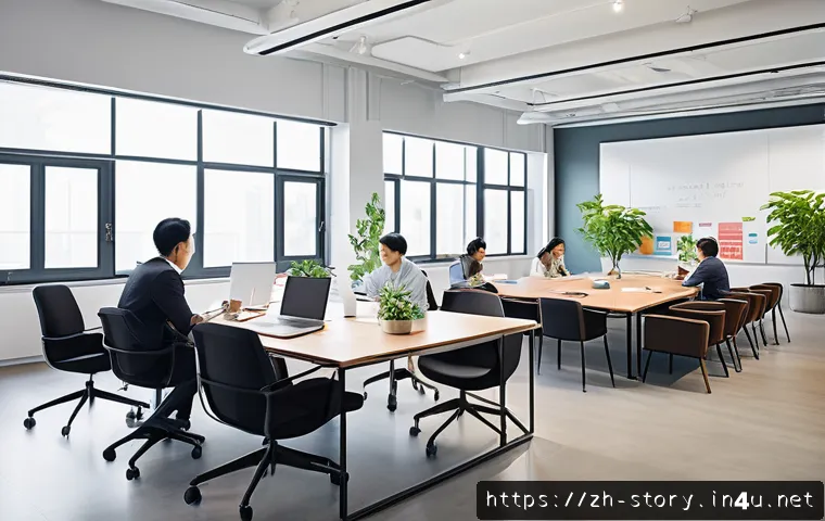 스토리텔러 직무 만족도 조사 - A modern open-plan office space filled with natural light, featuring diverse colleagues engaged in c...