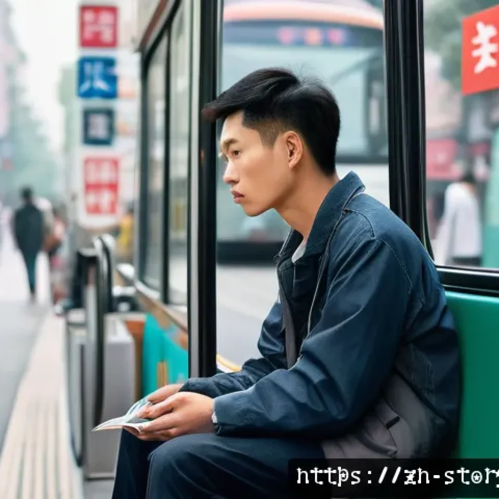 스토리텔러와 관련된 대회 참여 경험 - A modern urban scene capturing a young adult sitting thoughtfully on a city bus, observing subtle ev...
