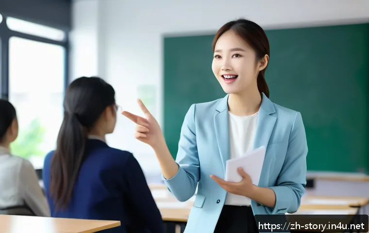 스토리텔러 실기 시험의 주요 요소 분석 - A professional young Chinese woman confidently giving a storytelling presentation in a modern classr...
