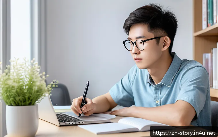 스토리텔러 자격증 시험 일정 - A focused young adult Chinese student sitting at a modern study desk in a bright room, surrounded by...