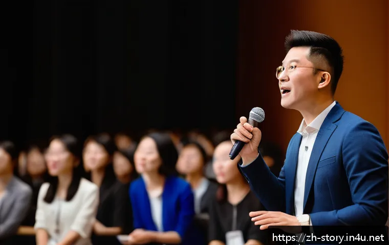 스토리텔러와 관련된 컨퍼런스 및 네트워킹 - A professional speaker on stage passionately sharing a personal entrepreneurial failure story, weari...