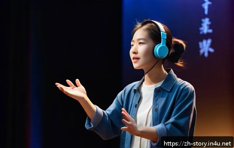 스토리텔러 자격증 취득과정의 장단점 - A confident young Chinese storyteller standing on a stage in a modern cultural center, wearing profe...