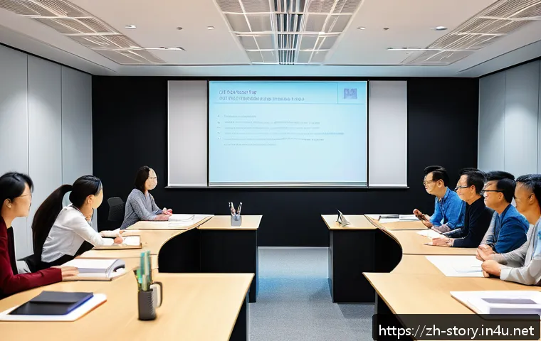 스토리텔러 자격증의 글로벌 인증 여부 - A modern professional storytelling workshop scene in a bright, spacious conference room with diverse...