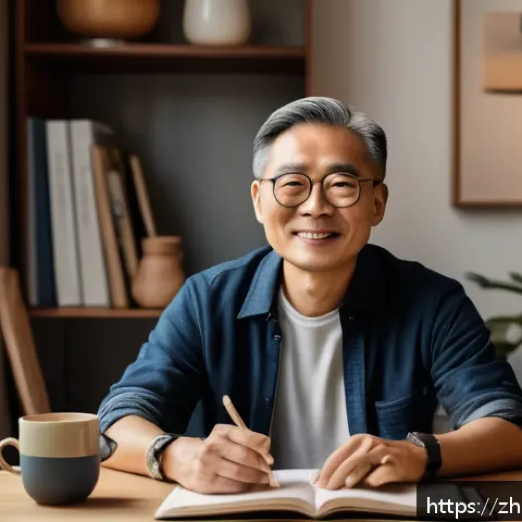 스토리텔러 전문 자문가 인터뷰 - A warm and authentic scene depicting a middle-aged Chinese founder in casual modern clothing, sittin...