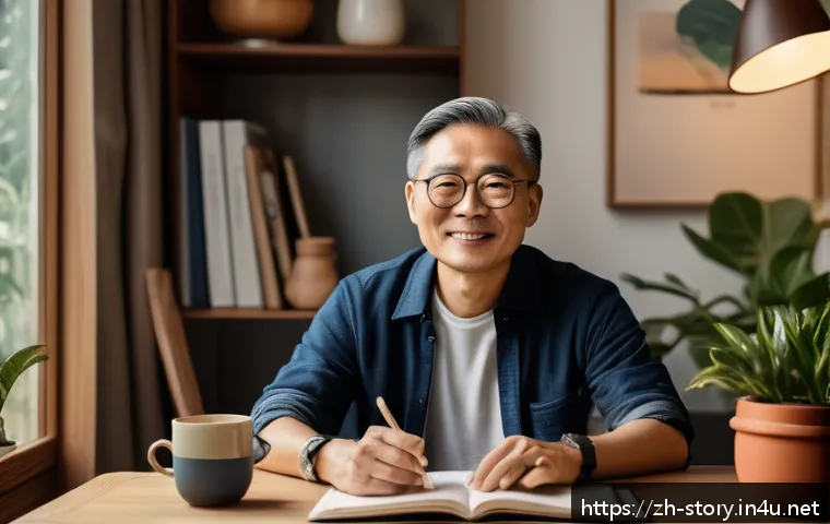 스토리텔러 전문 자문가 인터뷰 - A warm and authentic scene depicting a middle-aged Chinese founder in casual modern clothing, sittin...