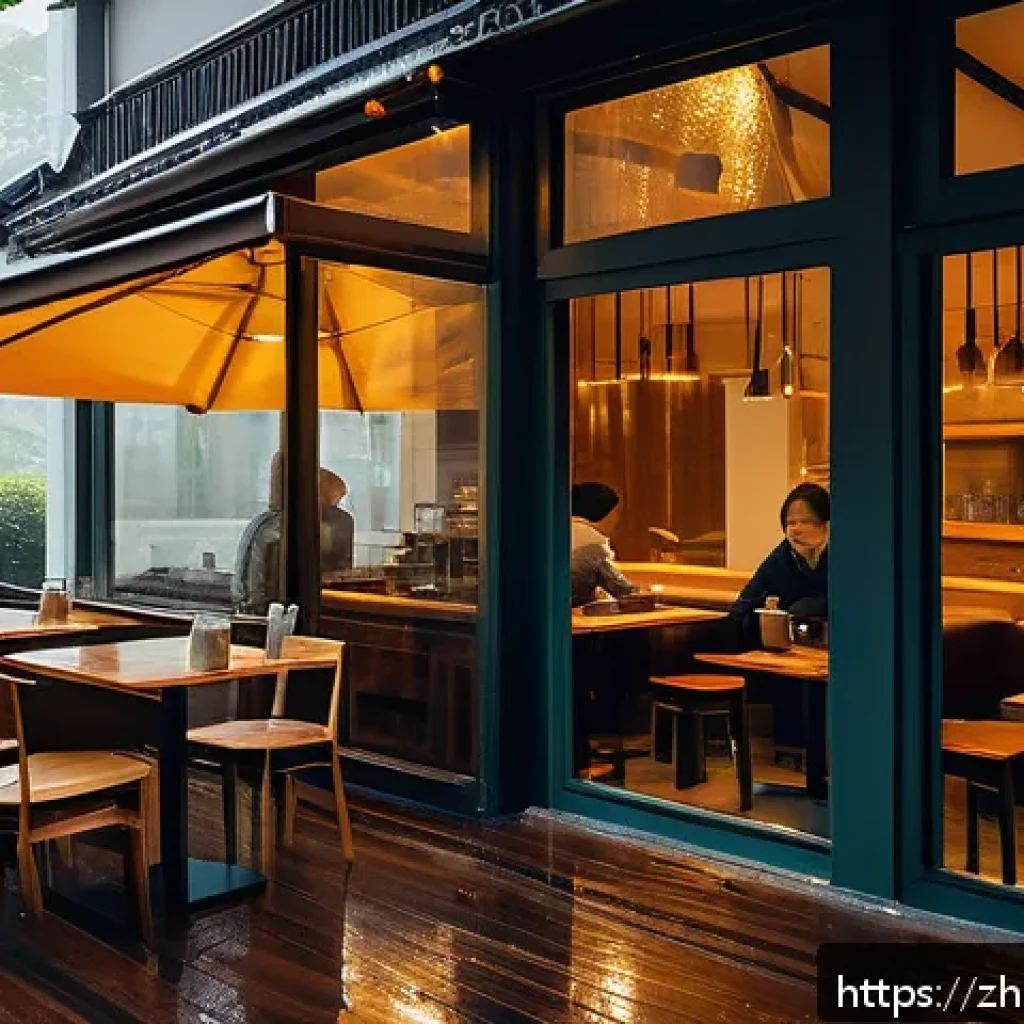 스토리텔러로서 스토리 구성을 잘하는 방법 - A cozy modern coffee shop interior during a gentle rain outside the window, soft warm lighting casti...