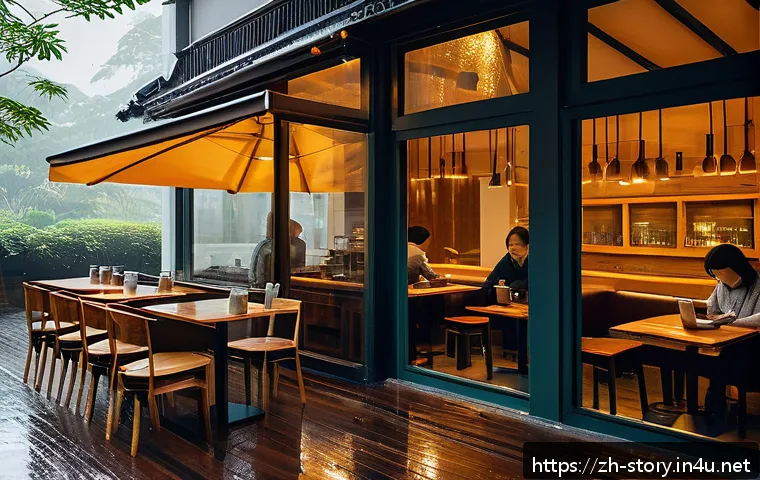 스토리텔러로서 스토리 구성을 잘하는 방법 - A cozy modern coffee shop interior during a gentle rain outside the window, soft warm lighting casti...