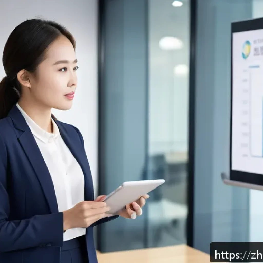 스토리텔러 자격증의 글로벌 인증 가능성 분석과 사례 연구와 전략 - A confident young professional woman standing in a modern office conference room, delivering a compe...