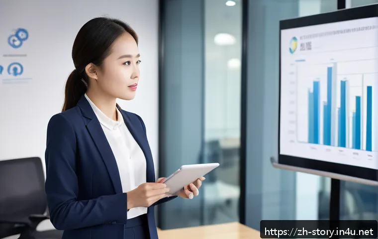스토리텔러 자격증의 글로벌 인증 가능성 분석과 사례 연구와 전략 - A confident young professional woman standing in a modern office conference room, delivering a compe...