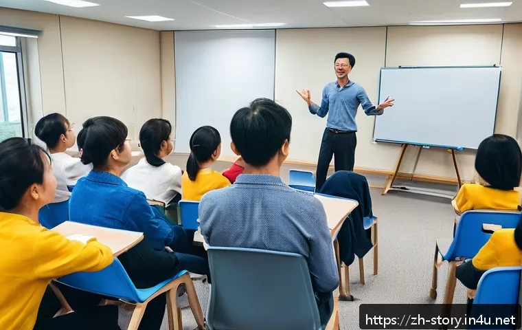 스토리텔러 자격증의 난이도 분석 - A professional storytelling workshop scene featuring a diverse group of adults practicing oral story...