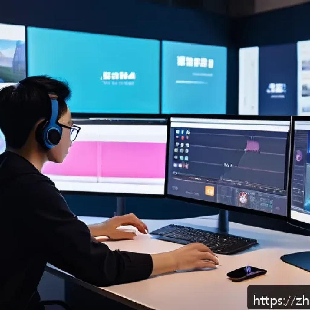 스토리텔러 관련 산업의 트렌드 리포트 - A vibrant digital content creator workspace featuring multiple screens displaying diverse media form...