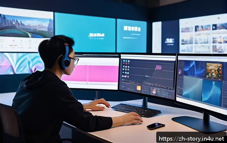 스토리텔러 관련 산업의 트렌드 리포트 - A vibrant digital content creator workspace featuring multiple screens displaying diverse media form...