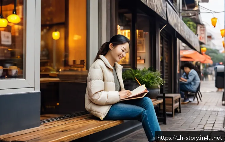스토리텔러로서 스토리 소재 찾는 방법 - A cozy urban street corner featuring a small, warmly lit coffee shop at dusk, with soft golden light...