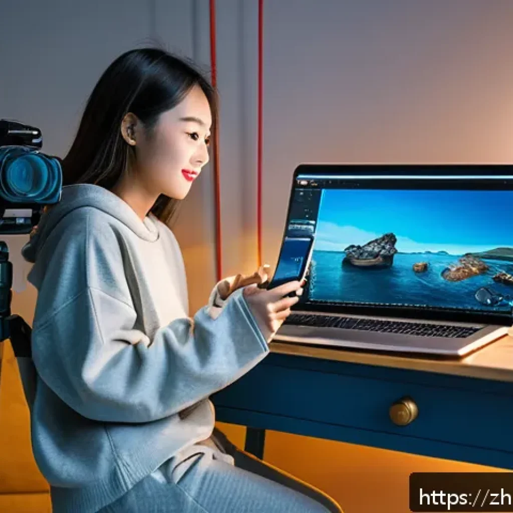 스토리텔러 관련 콘텐츠 시장의 성장 가능성 - A vibrant scene of a young female content creator filming a short video in a modern, cozy room fille...