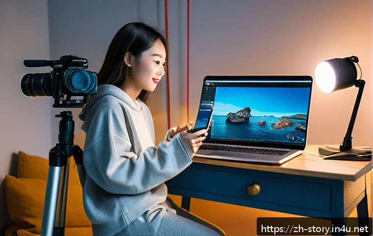 스토리텔러 관련 콘텐츠 시장의 성장 가능성 - A vibrant scene of a young female content creator filming a short video in a modern, cozy room fille...