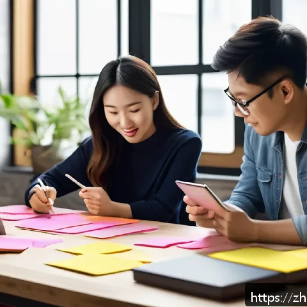 스토리텔러와 스토리보드 제작 기법 - A modern creative workspace scene showing a diverse team brainstorming story ideas around a large wo...