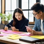 스토리텔러와 스토리보드 제작 기법 - A modern creative workspace scene showing a diverse team brainstorming story ideas around a large wo...