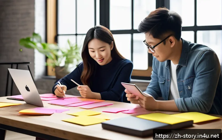 스토리텔러와 스토리보드 제작 기법 - A modern creative workspace scene showing a diverse team brainstorming story ideas around a large wo...