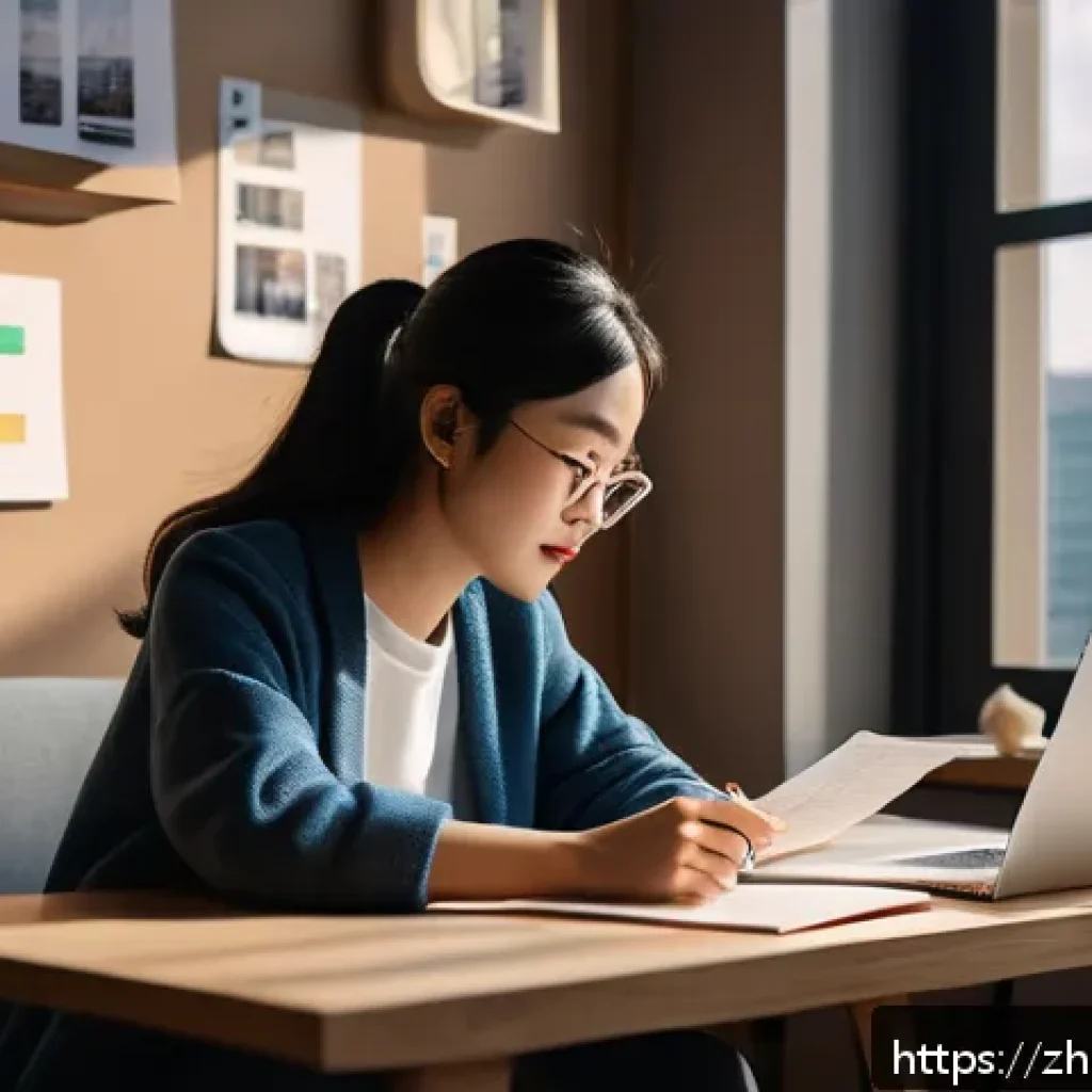 스토리텔러 실무 사례와 교훈 - A modern content creator’s cozy workspace featuring a young Asian woman thoughtfully planning storie...