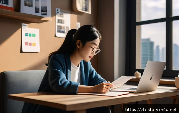 스토리텔러 실무 사례와 교훈 - A modern content creator’s cozy workspace featuring a young Asian woman thoughtfully planning storie...