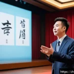 스토리텔러가 많이 하는 실수 - A dynamic scene of a confident young Chinese speaker standing on a modern stage, passionately tellin...