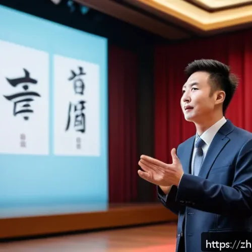 스토리텔러가 많이 하는 실수 - A dynamic scene of a confident young Chinese speaker standing on a modern stage, passionately tellin...