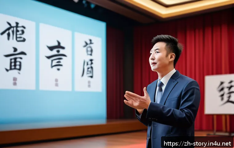 스토리텔러가 많이 하는 실수 - A dynamic scene of a confident young Chinese speaker standing on a modern stage, passionately tellin...