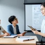 스토리텔러 직업의 성공 사례 분석 - A modern young Chinese professional woman confidently presenting a storytelling workshop in a sleek,...