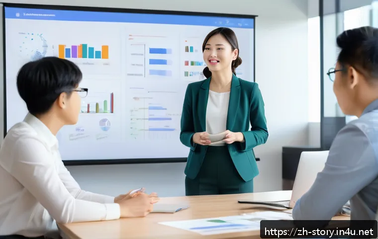 스토리텔러 자격증의 취득 후 관련 산업 성장 가능성 - A modern office scene showing a diverse group of professionals engaged in a storytelling workshop: a...