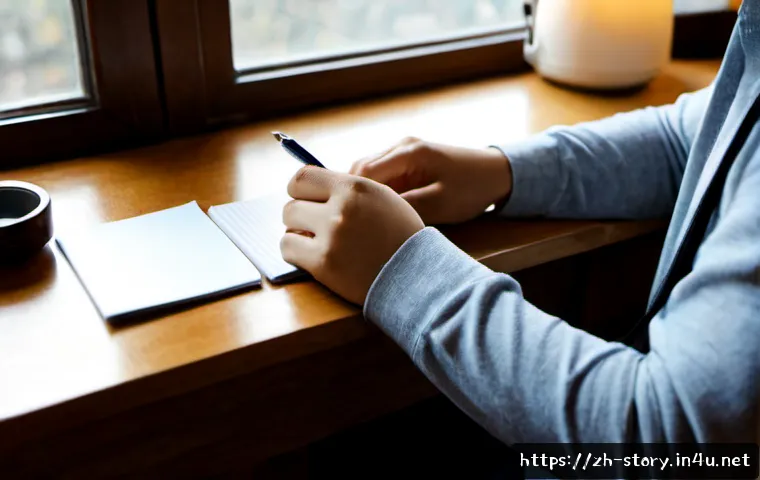 스토리텔러가 되기 위한 체크리스트 - Photorealistic aspiring storyteller seated at a tidy wooden desk, thoughtfully arranging blank index...