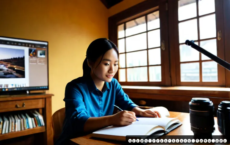 스토리텔러 직업의 장기적 성장 가능성 - Photorealistic modern storyteller working at a warm wooden desk, mature creative professional shapin...