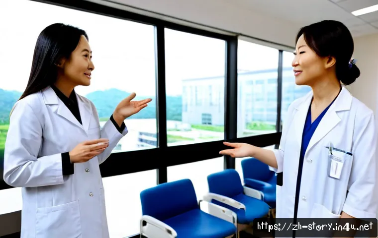 스토리텔러가 필요한 다양한 산업군 - Photorealistic healthcare storytelling scene, a compassionate middle-aged female presenter in modest...